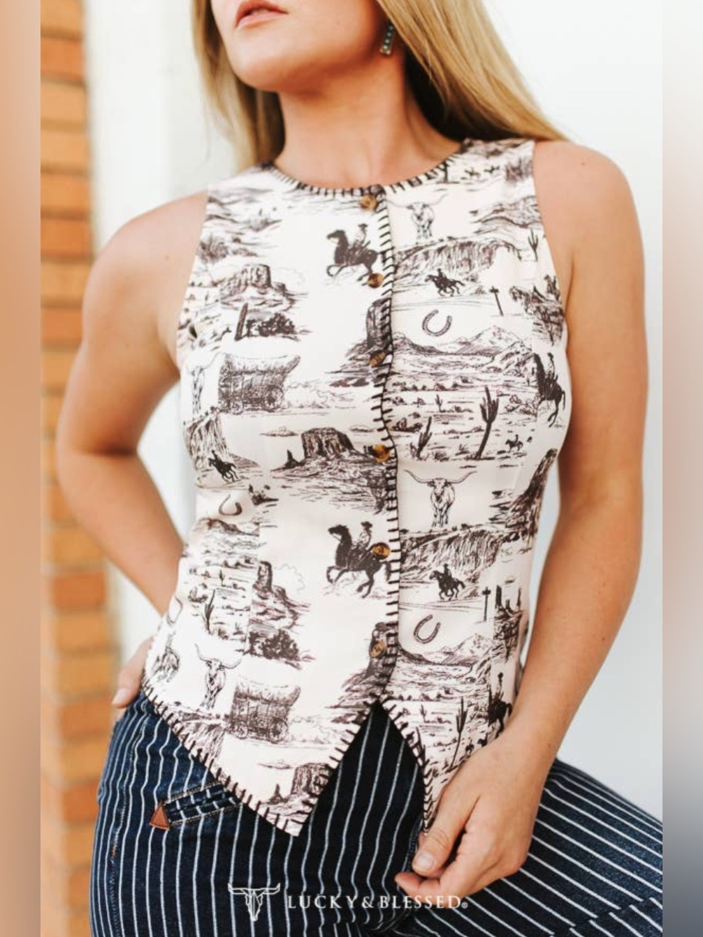 Lucky & Blessed Ivory Vintage Western Printed Contrast Stitch Button Down Vest